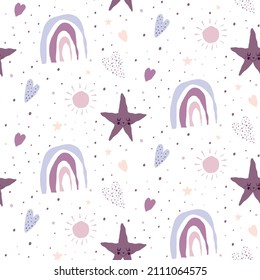 Seamless children's pattern with stars, rainbow, sun, hearts, asterisks and dots on a white background. Hand drawn vector illustration. Great for baby clothes, textiles, wallpaper, wrapping paper.