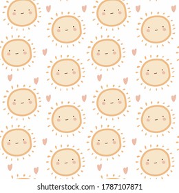 
Patrón de niños sin foco con sol y corazones. Estilo boho, textura infantil para tejidos, envolturas, textiles, papel de escritorio, ropa, interior, ropa de cama. Vector.