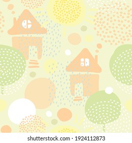 seamless children's pattern with sun, trees and rain in the village, houses on a colored background, geometric elements