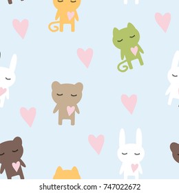 Seamless children's pattern texture for paper and fabric cat, bear, hare with hearts, vector illustration