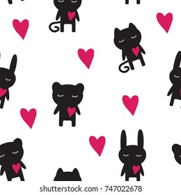Seamless children's pattern texture for paper and fabric cat, bear, hare with hearts, vector illustration