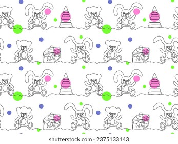 Seamless children's pattern. Children's toys continuous one line art