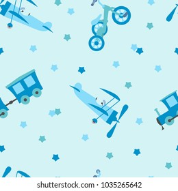 Seamless children's pattern with toys on a blue background. For decorating textiles, packaging and wallpaper. Vector illustration.