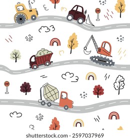 Seamless children's pattern with trucks, dump truck, concrete mixer in doodle style for boys. Vector illustration