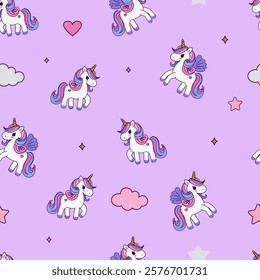 seamless children's pattern with unicorns on a purple background