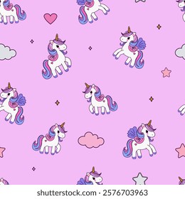 seamless children's pattern with unicorns in pink and purple tones