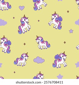seamless children's pattern with unicorns in yellow-violet colors