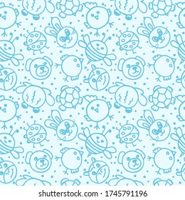 seamless children's pattern, various animals on a blue background
