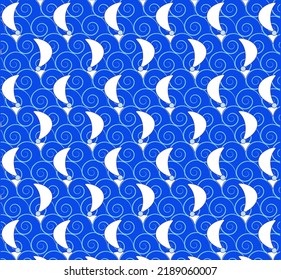 Seamless children's pattern with white sailboats and blue waves on a blue background. There are many small boats in the water made of curls. Freehand drawing for background, wallpaper, fabric design