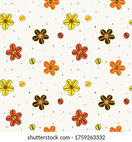 seamless children's pattern, yellow and orange flowers on a beige background with polka dots