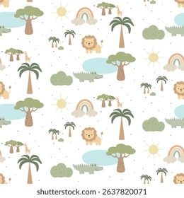 Seamless children's patterns in pastel colors. With the image of animals Africa. Crocodile, giraffe, lion.