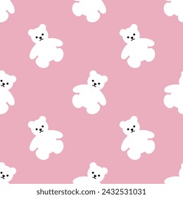 Seamless children's pink pattern with white cute polar little bear toy. Cartoon character. Vector pastel nursery background for textile, fabric, wallpaper, wrapping, newborn apparel.