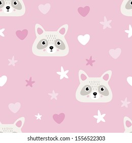Seamless children's print for girls with cute raccoon heads on a pink background.