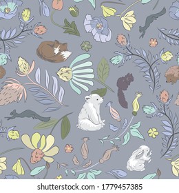 Seamless children's print on a gentle gray background. Vector illustration with cute animals teddy bear, chanterelle, hare in wildflowers.