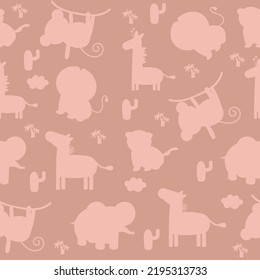 Seamless children's safari animals pattern in silhouette style. Vector illustration 
