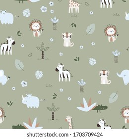 Seamless children's safari design. Creative Scandinavian children's textures for fabrics, wraps, textiles, wallpaper, clothing. Vector illustration, wild animals illustration, lion illustration