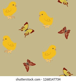 Seamless children's vector illustration with cute chickens and butterflies. For decorating textiles, packaging and wallpaper.