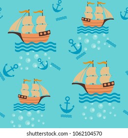 Seamless childrens vector illustration with sea ships on blue background. To decorate the fabric, paper and wallpaper.