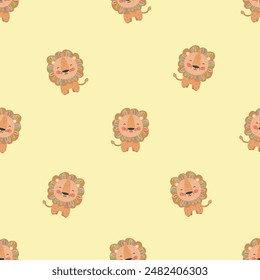 Seamless children's vector pattern with images of giraffe, lion, zebra and African plants. Perfect for printing on both fabric and paper