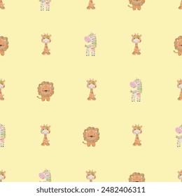 Seamless children's vector pattern with images of giraffe, lion, zebra and African plants. Perfect for printing on both fabric and paper