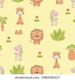 Seamless children's vector pattern with images of giraffe, lion, zebra and African plants. Perfect for printing on both fabric and paper