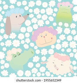 Seamless children's vector pattern in pastel colors with kind cute animals - dog, frog, cat, crocodile and sheep in floral wreaths on a turquoise background with white flowers.