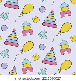 Seamless children's vector pattern with a children's pyramid, cubes and balloons in a doodle-style 