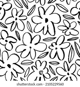 Seamless child's drawn flowers pattern. Wax crayon kid's hand drawn black flowers with leaves. Vector simple plant background. Modern floral print with daisy, ditsy or chrysanthemum.