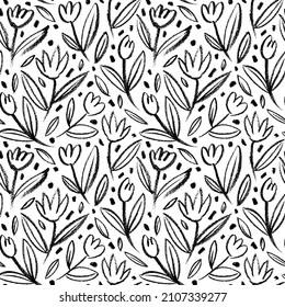 Seamless child's drawn flowers pattern in sketch style. Wax crayon kid's hand drawn black tulips with leaves. Vector simple doodle background. Modern floral print with daisy, ditsy or chrysanthemum.