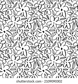 Seamless child's drawn flowers pattern. Wax crayon kid's hand drawn black flowers with leaves. Vector simple plant background. Modern floral print with daisy, ditsy or chrysanthemum.
