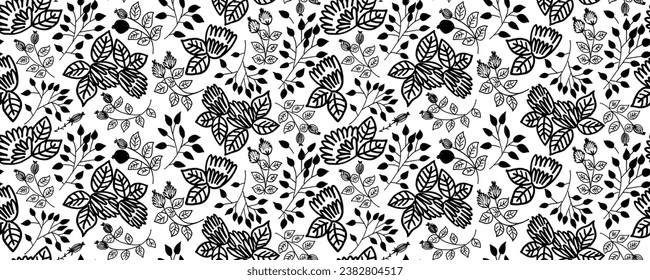 Seamless child's drawn flowers pattern. Wax crayon kid's hand drawn black flowers with leaves. Vector simple plant background. Modern floral print with daisy, ditsy or chrysanthemum.