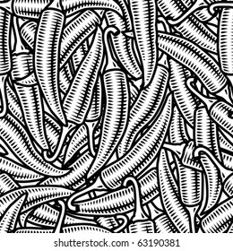 Seamless chili pepper background black and white. Vector