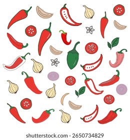 Seamless Chili Pepper and Garlic Pattern – Colorful Food Vector. Spicy Vegetable Vector Pattern. Chili Pepper and Herb Pattern – Hand Drawn Culinary Background.Chili pattern background. 