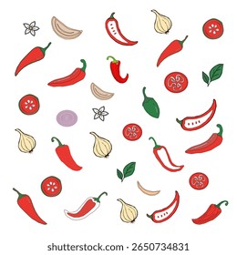 Seamless Chili Pepper and Garlic Pattern – Colorful Food Vector. Spicy Vegetable Vector Pattern. Chili Pepper and Herb Pattern – Hand Drawn Culinary Background.Chili pattern background. 