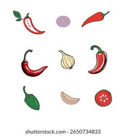 Seamless Chili Pepper and Garlic Pattern – Colorful Food Vector. Spicy Vegetable Vector Pattern. Chili Pepper and Herb Pattern – Hand Drawn Culinary Background.Chili pattern background. 