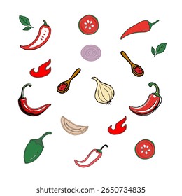 Seamless Chili Pepper and Garlic Pattern – Colorful Food Vector. Spicy Vegetable Vector Pattern. Chili Pepper and Herb Pattern – Hand Drawn Culinary Background.Chili pattern background. 