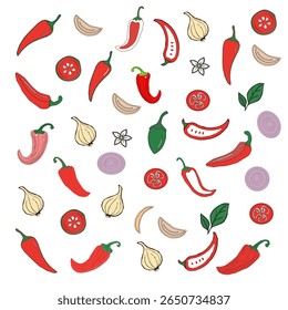Seamless Chili Pepper and Garlic Pattern – Colorful Food Vector. Spicy Vegetable Vector Pattern. Chili Pepper and Herb Pattern – Hand Drawn Culinary Background.Chili pattern background. 
