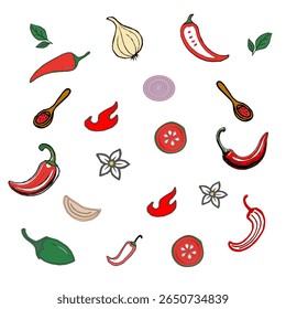 Seamless Chili Pepper and Garlic Pattern – Colorful Food Vector. Spicy Vegetable Vector Pattern. Chili Pepper and Herb Pattern – Hand Drawn Culinary Background.Chili pattern background. 