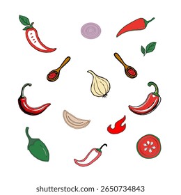 Seamless Chili Pepper and Garlic Pattern – Colorful Food Vector. Spicy Vegetable Vector Pattern. Chili Pepper and Herb Pattern – Hand Drawn Culinary Background.Chili pattern background. 