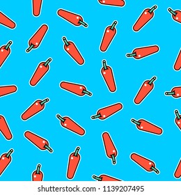 Seamless chili pepper pattern. Red chili on blue background. Black contour and white outline.