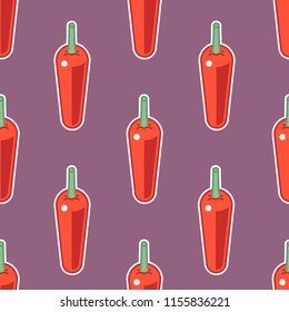 Seamless chili pepper pattern. Red, cartoon, sticker style chili on purple background.