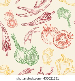 Seamless with chili pepper, tomato, pepper, onion. hand drawn.