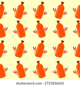 Nahtloses Chilisauce-Muster mit roten Paprika im Cartoon-Doodle-Stil, handgezeichnete heiße Salsa-Illustration für mexikanische Lebensmittelverpackungen und Markenzeichen, mit würzigem Würzhintergrund und lebendiger Flammengrafik.