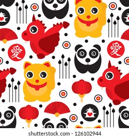 Seamless china lucky cat dragon panda kids background pattern in vector