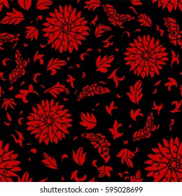 Seamless Chinese Background Spiral Round Flower Butterfly Leaf
