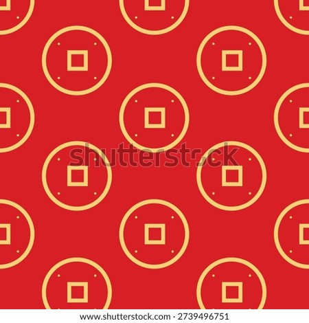 Seamless Chinese coin motif pattern in red and gold symbolizing wealth, prosperity, and good fortune