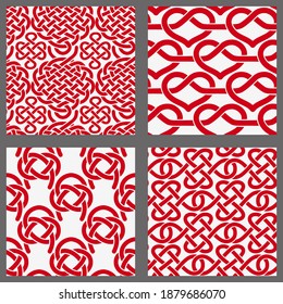 Patrón geométrico chino sin foco con nudos rojos. Ornamento étnico asiático. Conjunto de vectores de 4. Se utiliza para papel tapiz, rellenos de patrones, diseño textil.