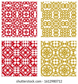Seamless chinese geometric pattern with traditional symbols. Asian ethnic ornament. Vector set of 4. Use for wallpaper, pattern fills,textile design.