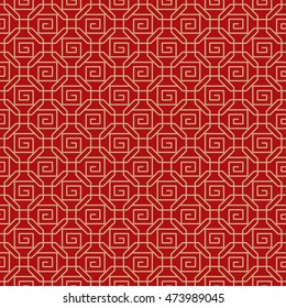 Seamless Chinese Lattice Pattern with Scrolls in Overlapping Octagons.