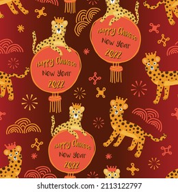 seamless Chinese new year pattern on red background with cute tiger and lantern , new year card